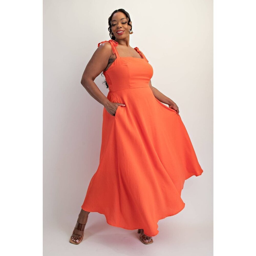 Orange Plus Size Tie Shoulder Woven Midi Dress - Picture 3 of 6